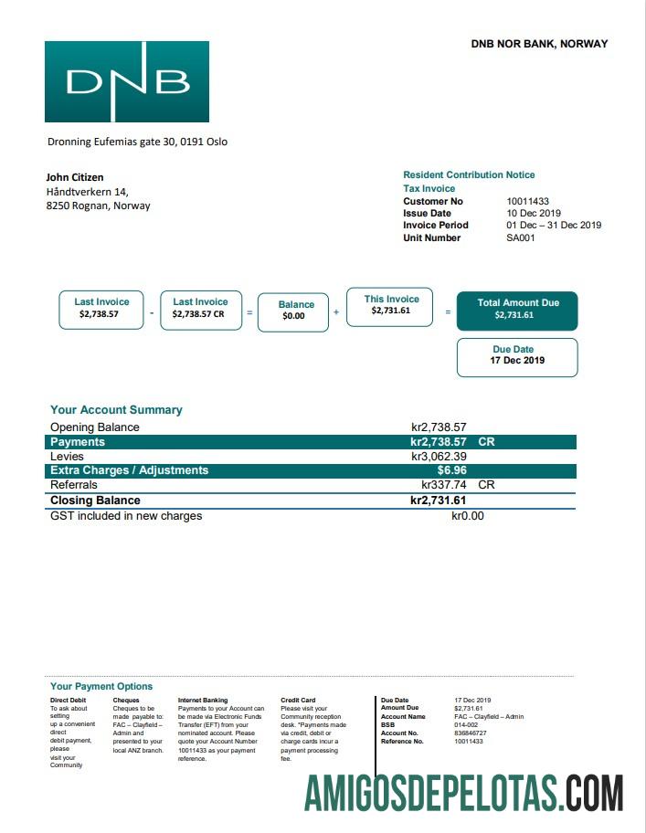 imprimível Modelo de conta de serviços públicos DNB da Noruega em formato Word e PDF
